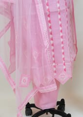 Pink Color Organdi Embroidered Shirt With Cotton Lower And Net Embroidered Dupatta