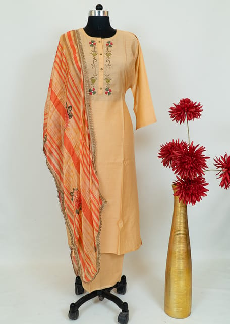 Fawn Color Muslin Embroidered Shirt With Cotton Lower And Tabby Printed Dupatta