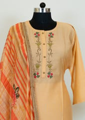Fawn Color Muslin Embroidred Shirt With Cotton Lower And Tabby Printed Dupatta