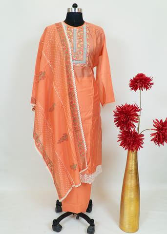 Peach Color Chanderi Embroidred Shirt With Cotton Lower And Muslin Dupatta