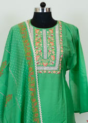 Green Color Chanderi Embroidred Shirt With Cotton Lower And Muslin Dupatta