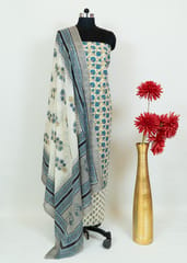 White And Blue Color Cotton Printed Shirt With Cotton Printed Lower And Cotton Printed Dupatta