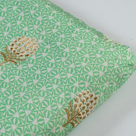 Green Color Muslin Print With Embroidery