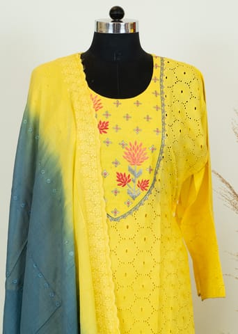 Yellow Color Cotton Embroidred Shirt With Plain Cotton Bottom And Shaded Embroidred Dupatta