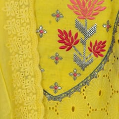 Yellow Color Cotton Embroidered Shirt With Plain Cotton Bottom And Shaded Embroidered Dupatta