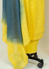 Yellow Color Cotton Embroidred Shirt With Plain Cotton Bottom And Shaded Embroidred Dupatta