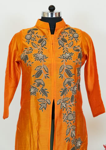 Orange Color Chanderi Embroidred Shirt With Lycra Net Pajami
