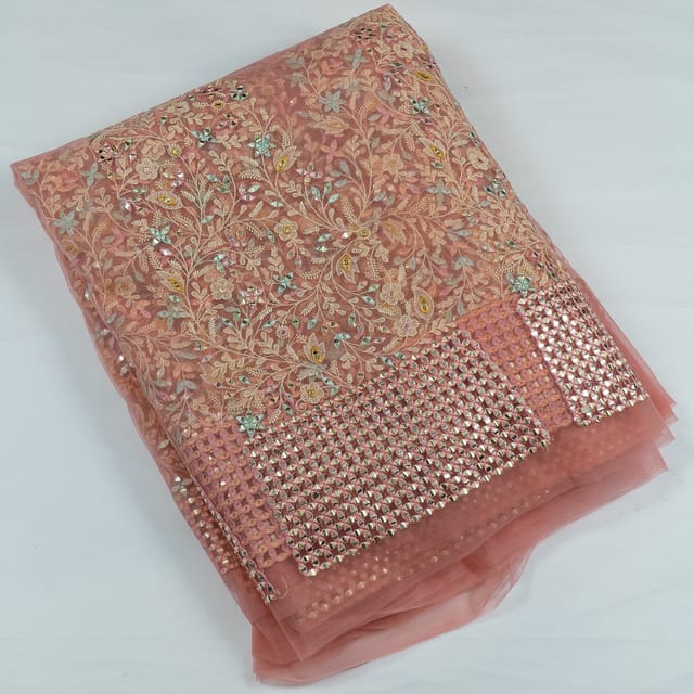 Peach Color Net Embroidered Kali