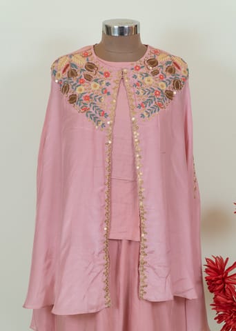 Pink Color Muslin Embroidred Top with Dola Silk Plazzo