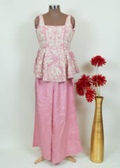Pink Color Dola Silk Embroidered Paplum Top With Dola Silk Plazzo