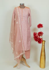 Peach Color Muslin Thread Embroidered Shirt With Muslin Bottom and Organza Embroidered Dupatta