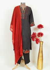 Grey Color Muslin Embroidered Shirt With Rayon Pant And Color Chiffon Dupatta