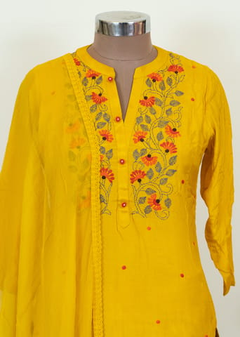 Yellow Color Muslin Embroidred Shirt With Muslin Embroidred Bottom And Chiffon Dupatta