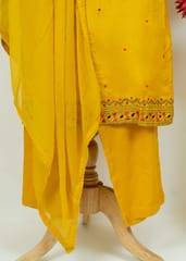 Yellow Color Muslin Embroidered Shirt With Muslin Embroidered Bottom And Chiffon Dupatta
