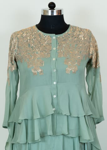 Sage Green Color Georgette Embroidred Shirt With Rayon Garara
