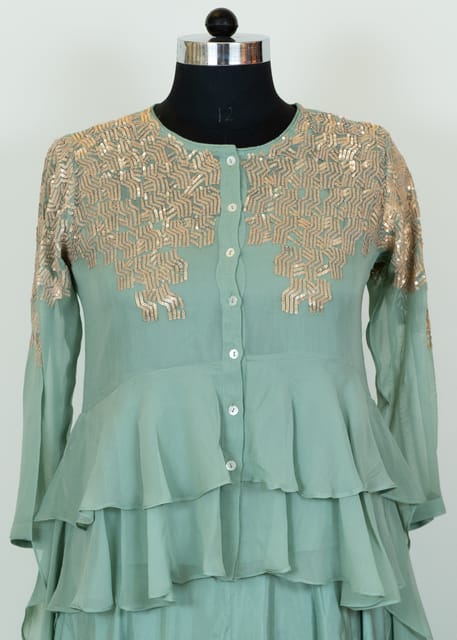 Sage Green Color Georgette Embroidered Shirt With Rayon Garara