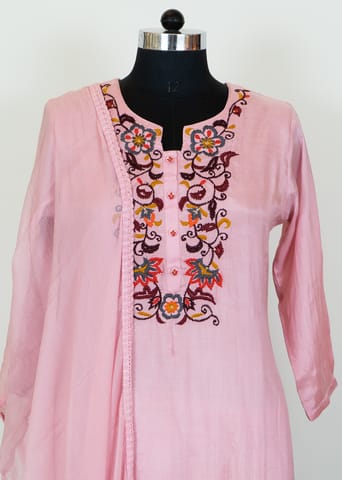 Pink Color Muslin Embroidred Shirt With Muslin Embroidred Bottom And Chiffon Dupatta