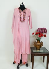 Pink Color Muslin Embroidered Shirt With Muslin Embroidered Bottom And Chiffon Dupatta