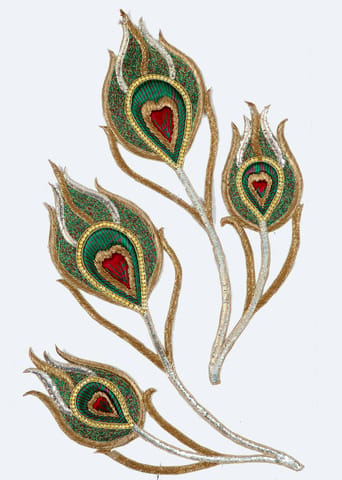 Green Color Hand Embroidered Peacock Feather Patch