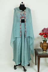 Sage Green Color Viscose Organza Jacket with Dola Silk Embroidered Blouse and Dola Silk Skirt