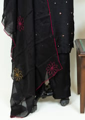 Black Color Dola Silk Embroidered Shirt with Dola Silk Pant and Viscose Organza Embroidered Dupatta