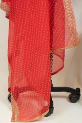 Red color Organza Bandhej Embroidered Dupatta