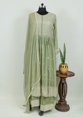 Mint Green Color Chinon Embroidered Shirt with Chinon Embroidered Palazzo and Chiffon Dupatta