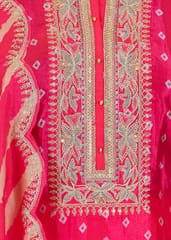 Hot Pink Color Dola Silk Printed and Embroidered Shirt with Shantoon Bottom and Dola Silk Dupatta
