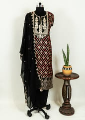 Black Color Dola Silk Printed and Embroidered Shirt with Shantoon Bottom and Viscose Organza Embroidered Dupatta