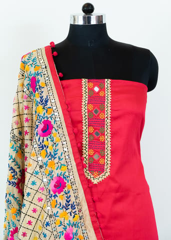 Majenta Color Jam Silk Embroidered Shirt with Zam Silk Bottom and Tissue Chanderi Kantha Embroidered Dupatta