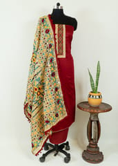 Maroon Color Jam Silk Embroidered Shirt with Zam Silk Bottom and Tissue Chanderi Kantha Embroidered Dupatta