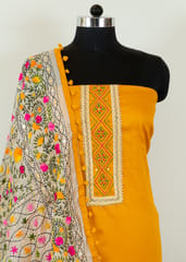 Mustard Color Jam Silk Embroidered Shirt with Zam Silk Bottom and Tissue Chanderi Kantha Embroidered Dupatta