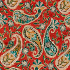 Red Color Chinon Print With Embroidery