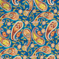 Blue Color Chinon Print With Embroidery