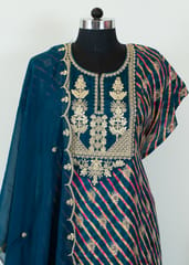 Teal Blue Dola Silk Printed and Embroidered Shirt with Shantoon Bottom and Viscose Organza Embroidered Dupatta