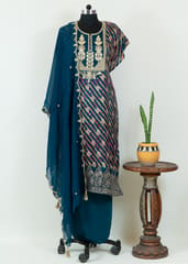 Teal Blue Dola Silk Printed and Embroidered Shirt with Shantoon Bottom and Viscose Organza Embroidered Dupatta