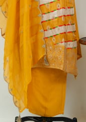 Yellow Dola Silk Printed and Embroidered Shirt with Shantoon Bottom and Viscose Organza Embroidered Dupatta