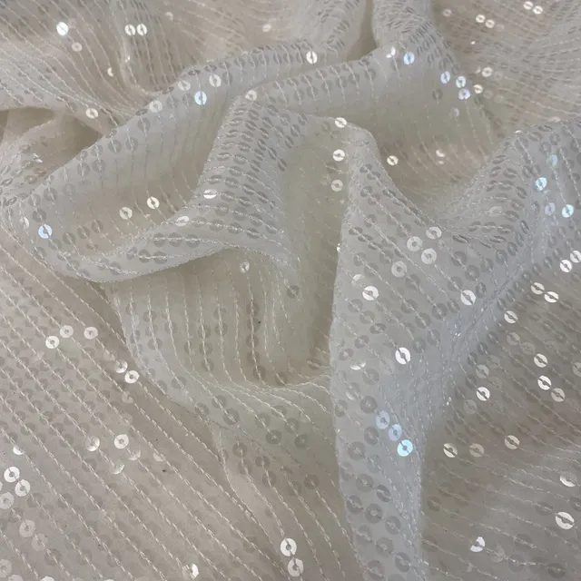 White Georgette Sequins Embroidery Fabric
