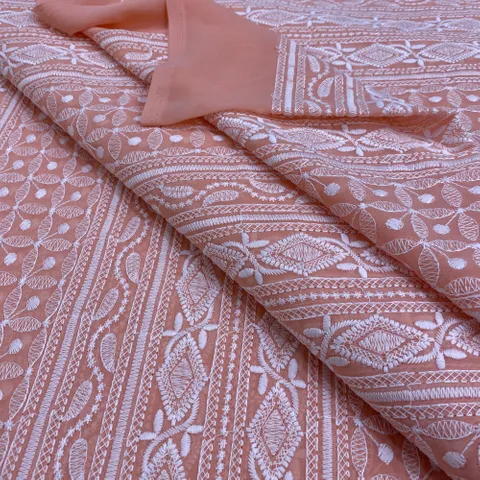 Peach Poly Georgette Chikan Embroidery Fabric (0.9 meter cut piece)