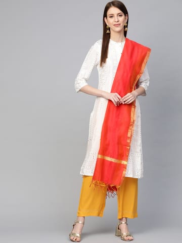 swatika Women's Bhagalpuri Red Striped Coloured Free Size Handloom Silk Blend Dupatta - DJ0MC804