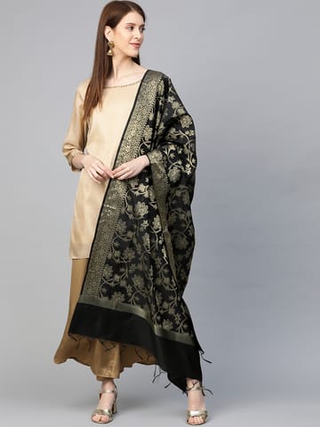swatika Women's Bhagalpuri Black Coloured Free Size Handloom Silk Blend Dupatta - DJ0SA802