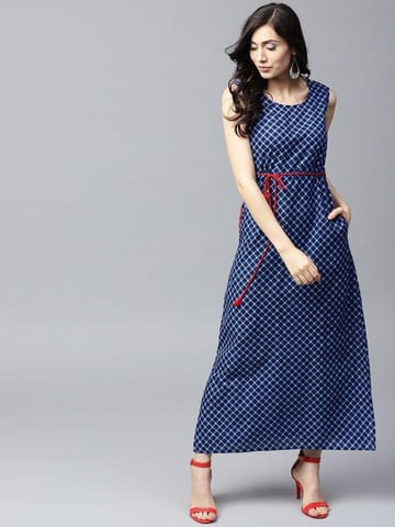 AKS --  Blue Printed A-Line Maxi With Side Pocket Details