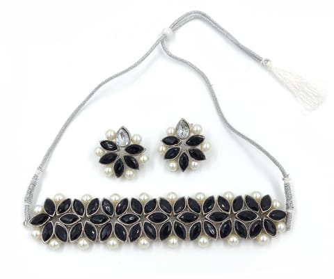 ZaffreCollections Silver Plated Black Crystal Flower Choker with Earrings for Women & Girls