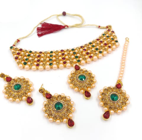 ZaffreCollections Golden and Multicolor Crystal and Pearl Choker set with Maang Tikka for Women and Girls