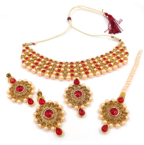 ZaffreCollections Golden and Red Crystal and Pearl Choker set with Maang Tikka for Women and Girls