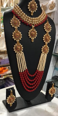 ZaffreCollections Trending Red Crystal and Pearl Necklace Choker Combo Set with Maang Tikka for Women and Girls