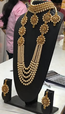 ZaffreCollections Trending Gold Crystal and Pearl Necklace Choker Combo Set with Maang Tikka for Women and Girls