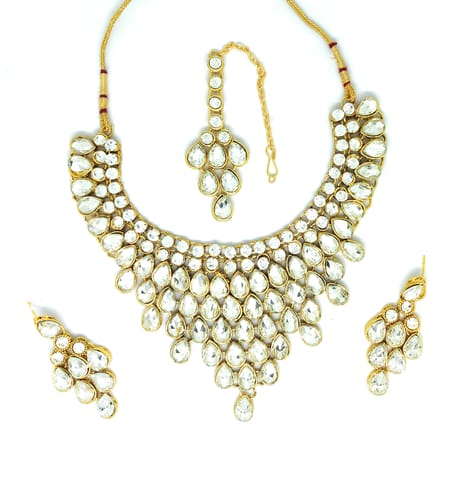 ZaffreCollections Beautiful White Crystal Necklace Set with Maang Tikka for Women and Girls