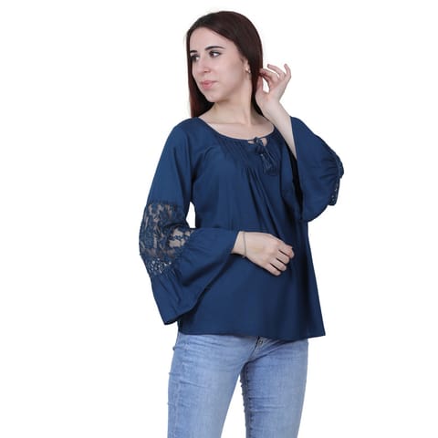 FMC Bell Sleeve Lace and Rayon Petrol Blue Top (Petrol Blue, XL)