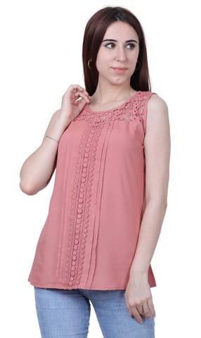FMC Sleeveless Designer Rayon Top With Lace Work (Pink, S)